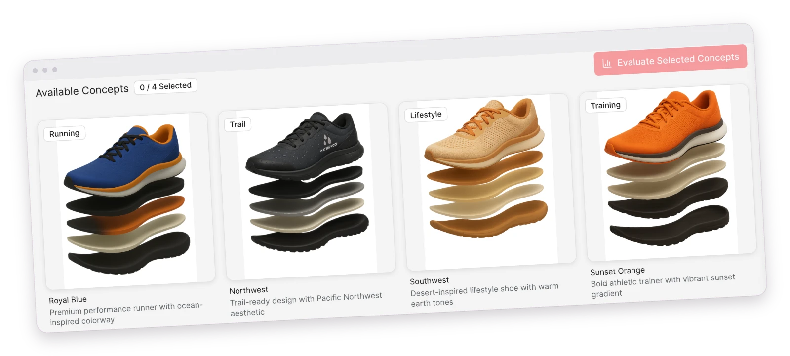 Tadavo Concept Evaluation — four product concepts compared side by side
