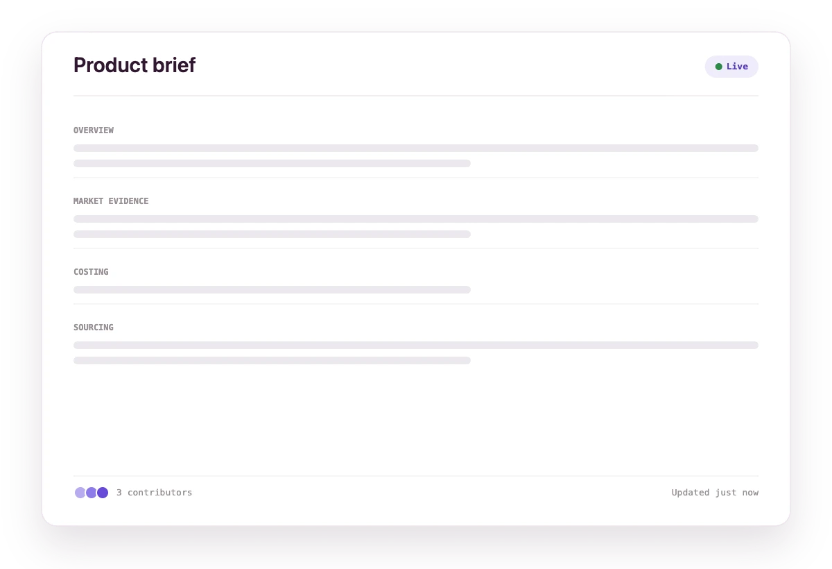 A Tadavo product brief — live sectioned document with contributors