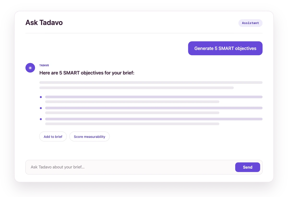 Ask Tadavo — AI chat with prompt, response and suggestion chips